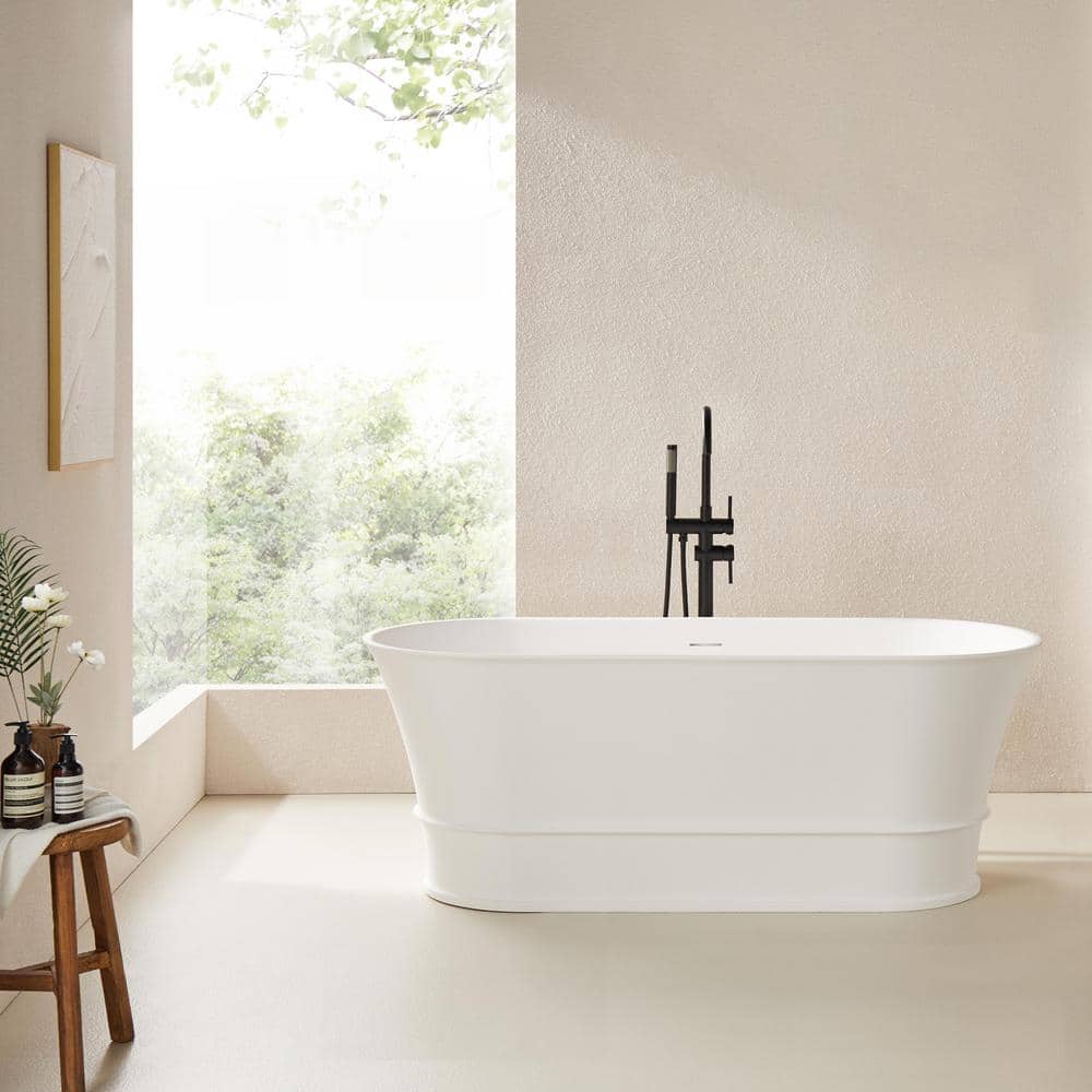 Vanity Art 67 in. x 32 in. Freestanding Oval Soaking Stone Resin Bathtub in Matte White with Pure White Overflow and Pop Up Drain