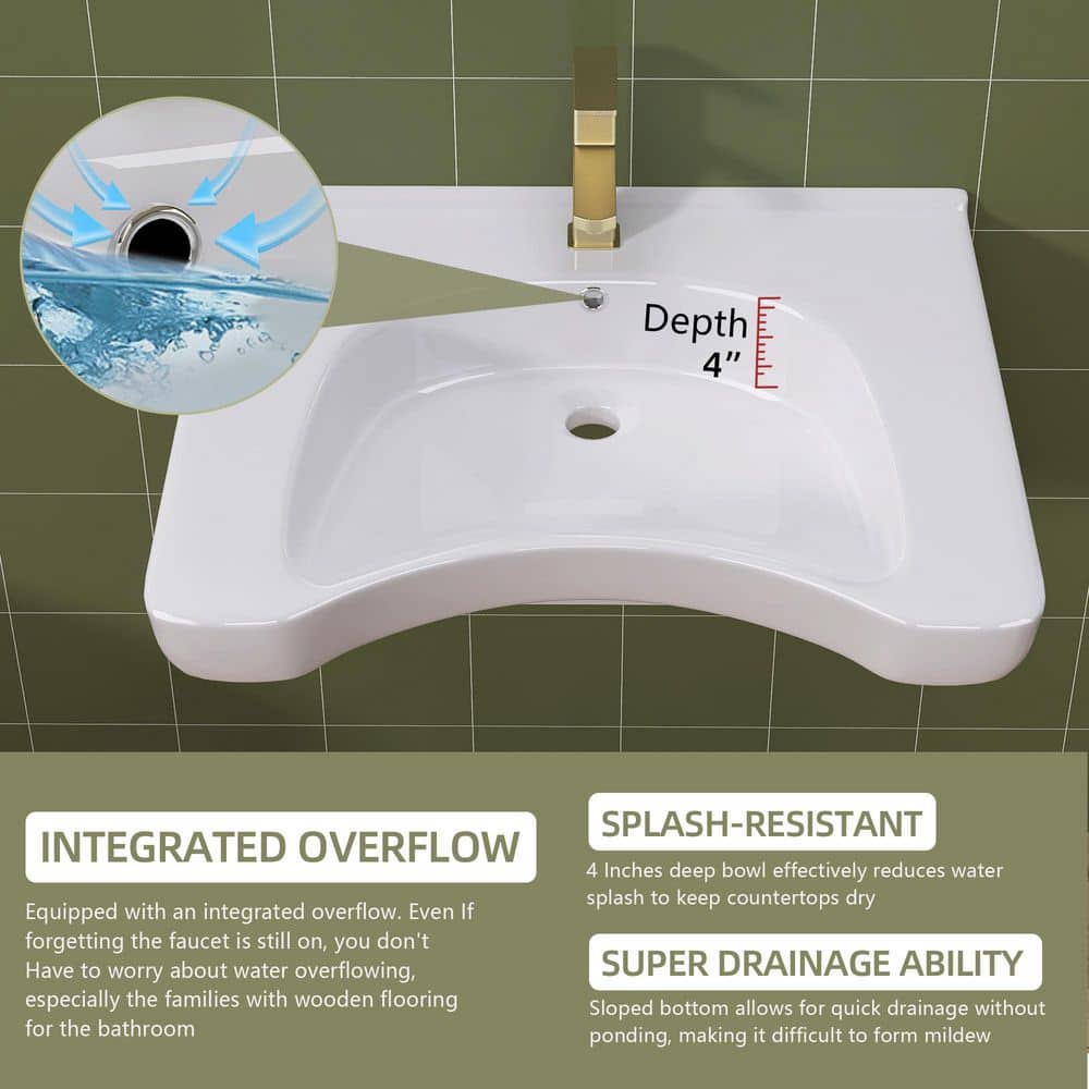 Zeafive 25.5 in. L x 21.8 W x 5.3 D U-shaped ADA Wall-Hung Bathroom Sink Wheelchair Accessible Ceramic Basin with Overflow White (3)