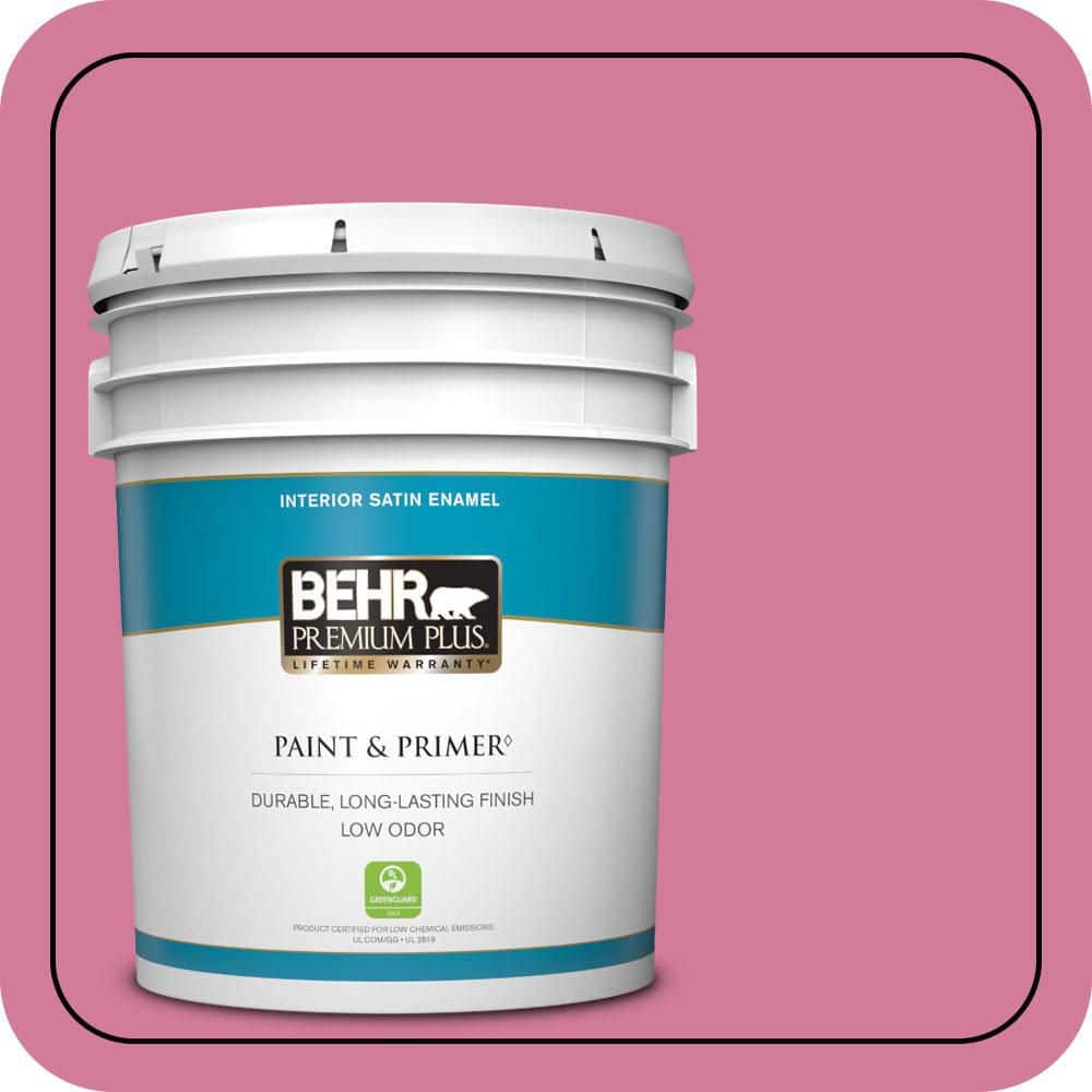 BEHR PREMIUM PLUS 5 gal. #P130-5 Little Bow Pink Satin Enamel Low Odor Interior Paint & Primer