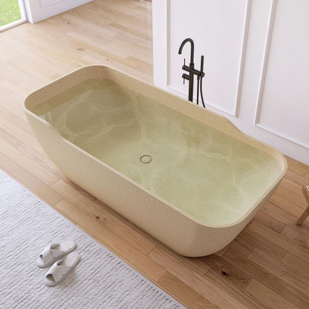 MEDUNJESS 71 in. x 31.5 in. Terrazzo Stone Solid Surface Flatbottom Freestanding Soaking Bathtub in Cream (Outdoor-Compatible) (3)