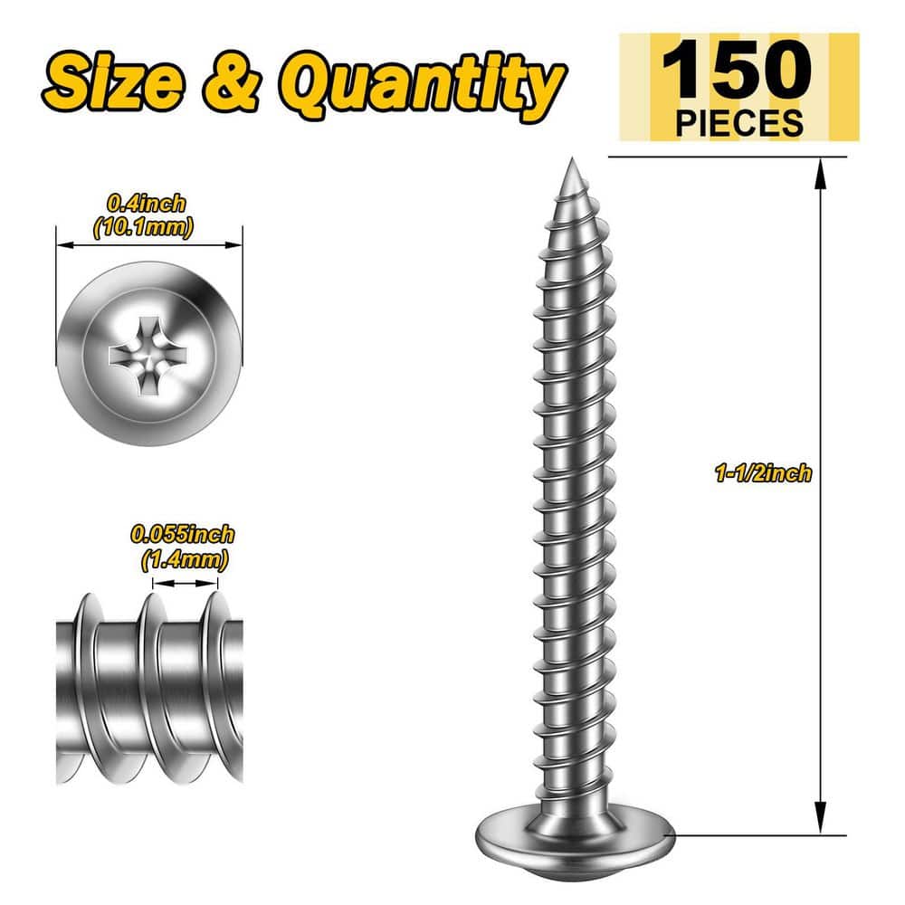 MYWISH #8 x 1-1/2 in. 410 Stainless Steel Phillips Truss Head Self-Tapping Wood Screws (150-Pack) (2)