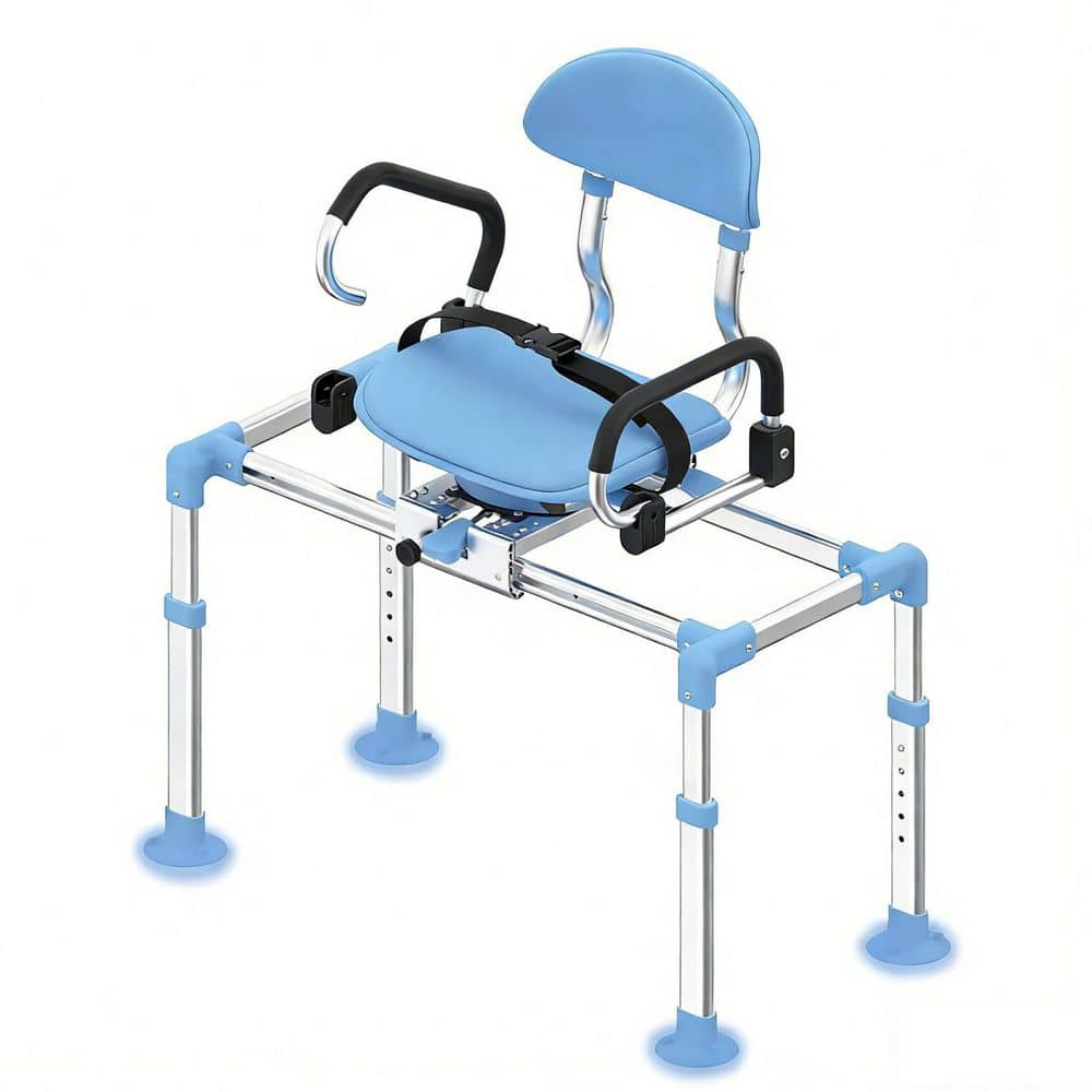 Wudkey Aluminum Sliding Shower Chair with 360° Swivel Seat and Safety Belt in Blue, Pivoting Armrests Swivel, Adjustable Height