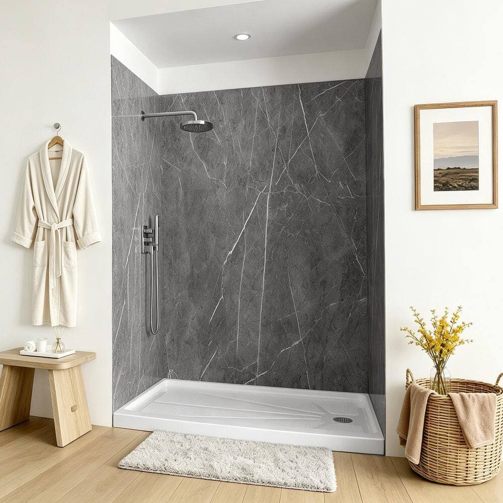 ishower X Marble 60 in. L x 36 in. W x 80 in. H 3-Piece Alcove Acrylic Shower Wall Set Glue Up Shower Surrounds in Gray Marble (2)