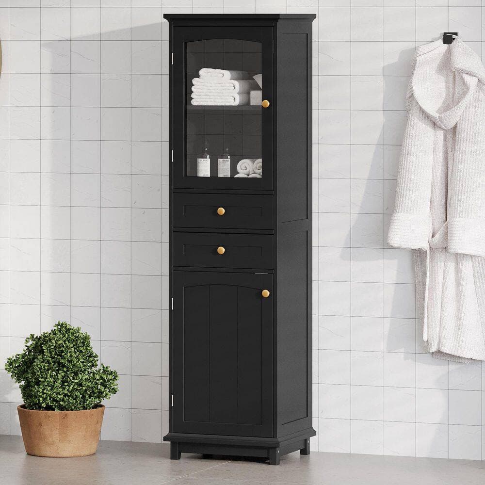 INSTER 18 in. W x 14 in. D x 63 in. H Black Freestanding Wood Tall Bathroom Storage Cabinet with 2-Doors and Adjustable Shelves (3)