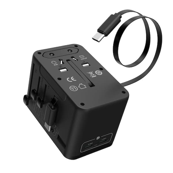 Tzumi Extend, 2 ft., 4-Outlet Compatible, USB-A port, 2 USB-C Ports Universal Travel Adapter