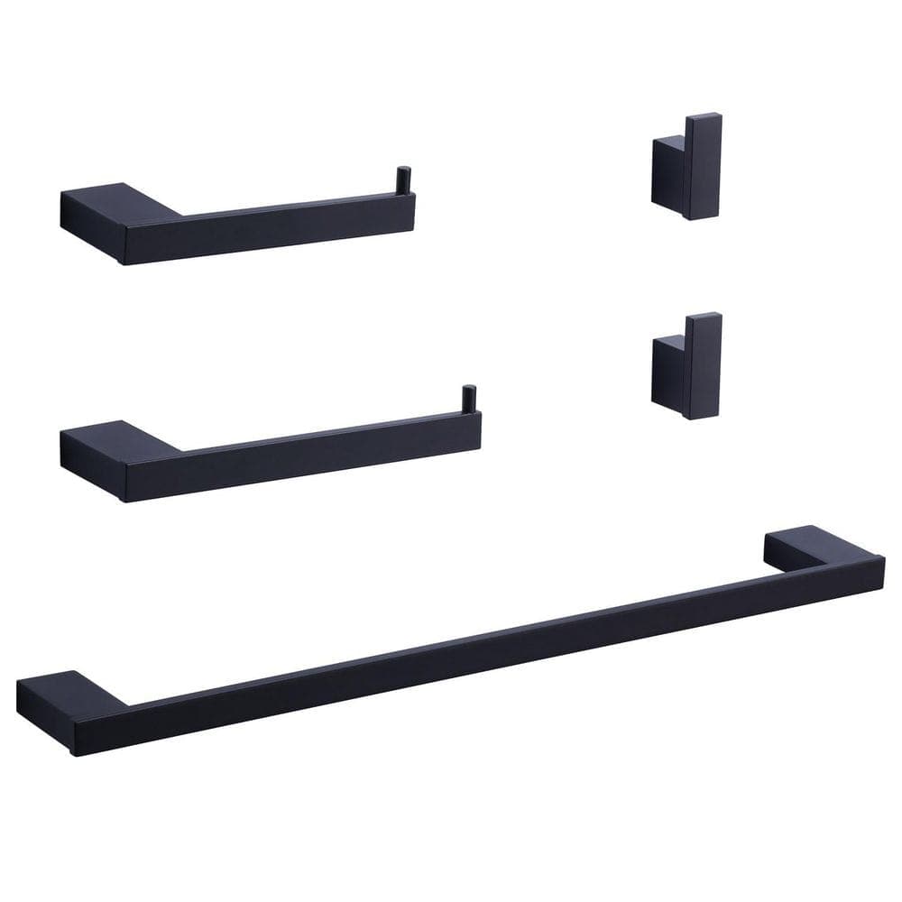 WOWOW 5-Piece Bathroom Hardware Set with Towel Bar, Toilet Paper Holder and Towel Hooks in Matte Black (1)