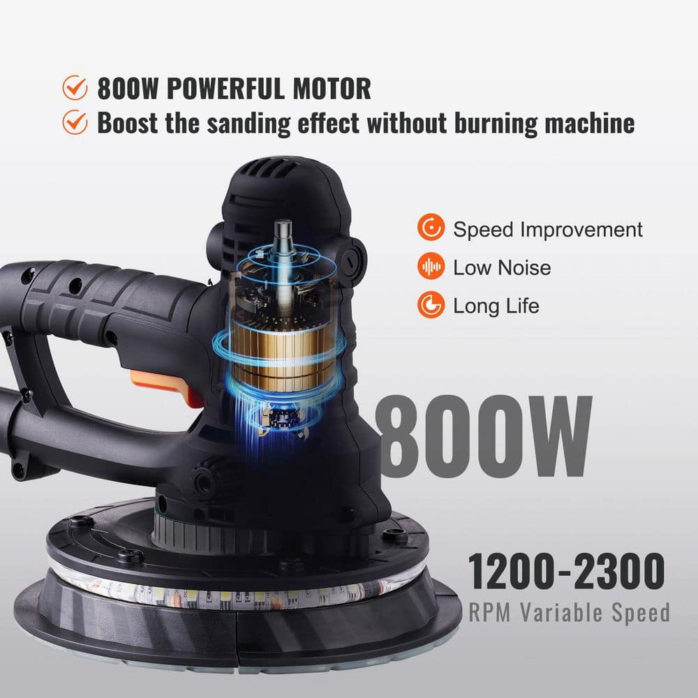 VEVOR Drywall Sander, 800-Watt, 1200 RPM to 2300 RPM Variable Speed, Self-Suction, Double LED Lights (3)