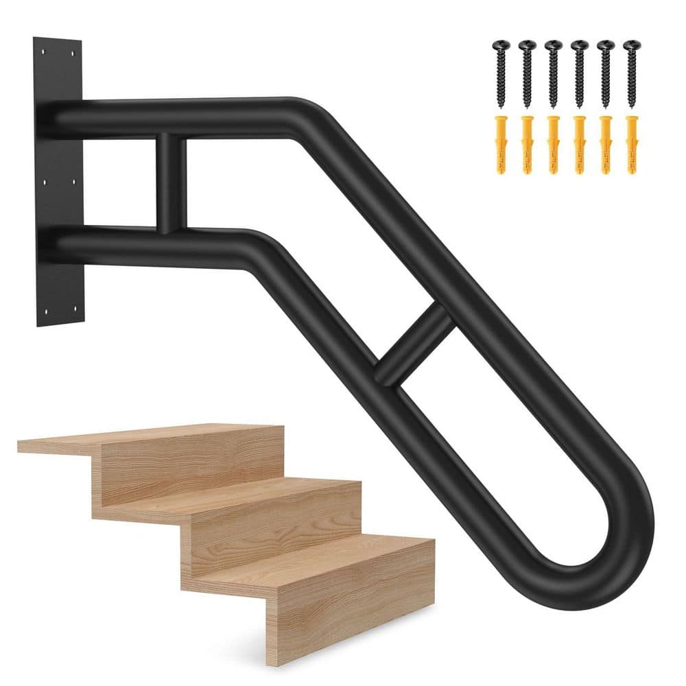 Unbranded 2.15 ft. Black Metal Handrail Wall Mount Grab Bar for Outdoor 1 to 3 Steps Stairs Garage Porch Garden 1-Piece