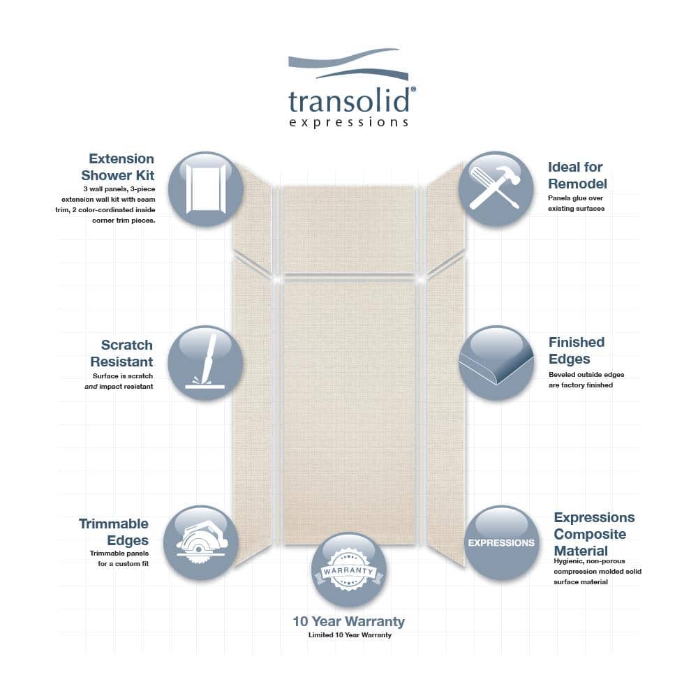 Transolid Expressions 36 in. x 36 in. x 96 in. 4-Piece Easy Up Adhesive Alcove Shower Wall Surround in Cameo (3)