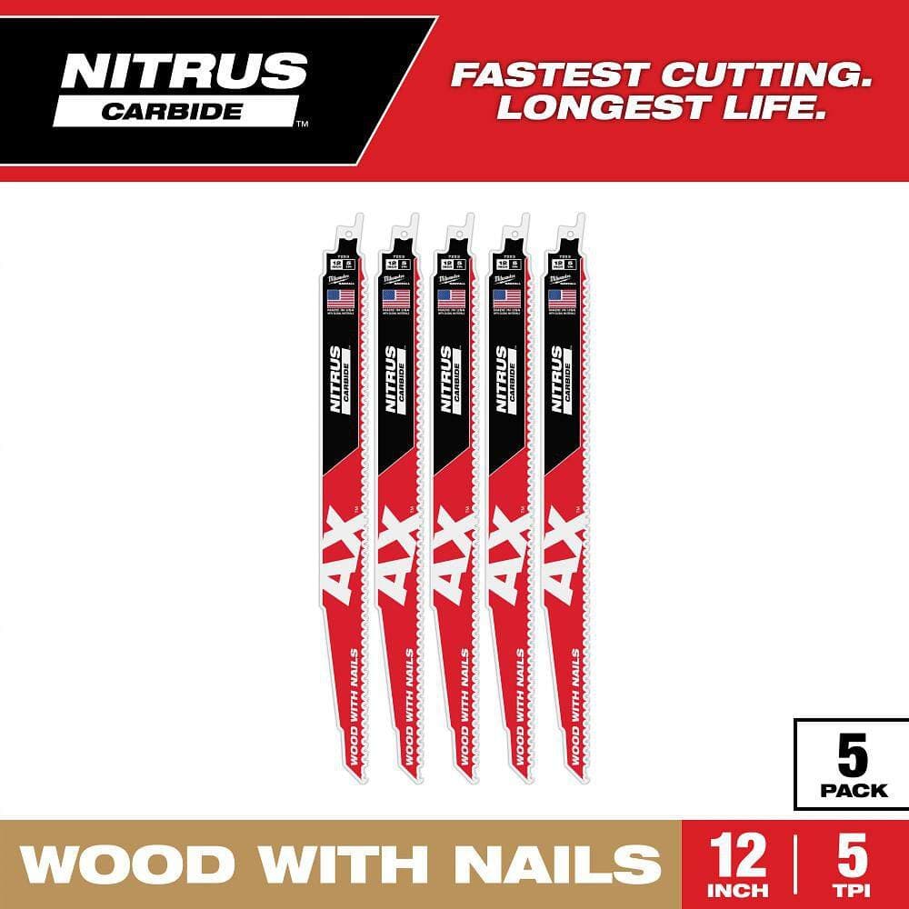 Milwaukee 12 in. 5 TPI NITRUS AX Carbide Teeth Demolition Nail-Embedded Wood Cutting SAWZALL Reciprocating Saw Blade 5PK (1)
