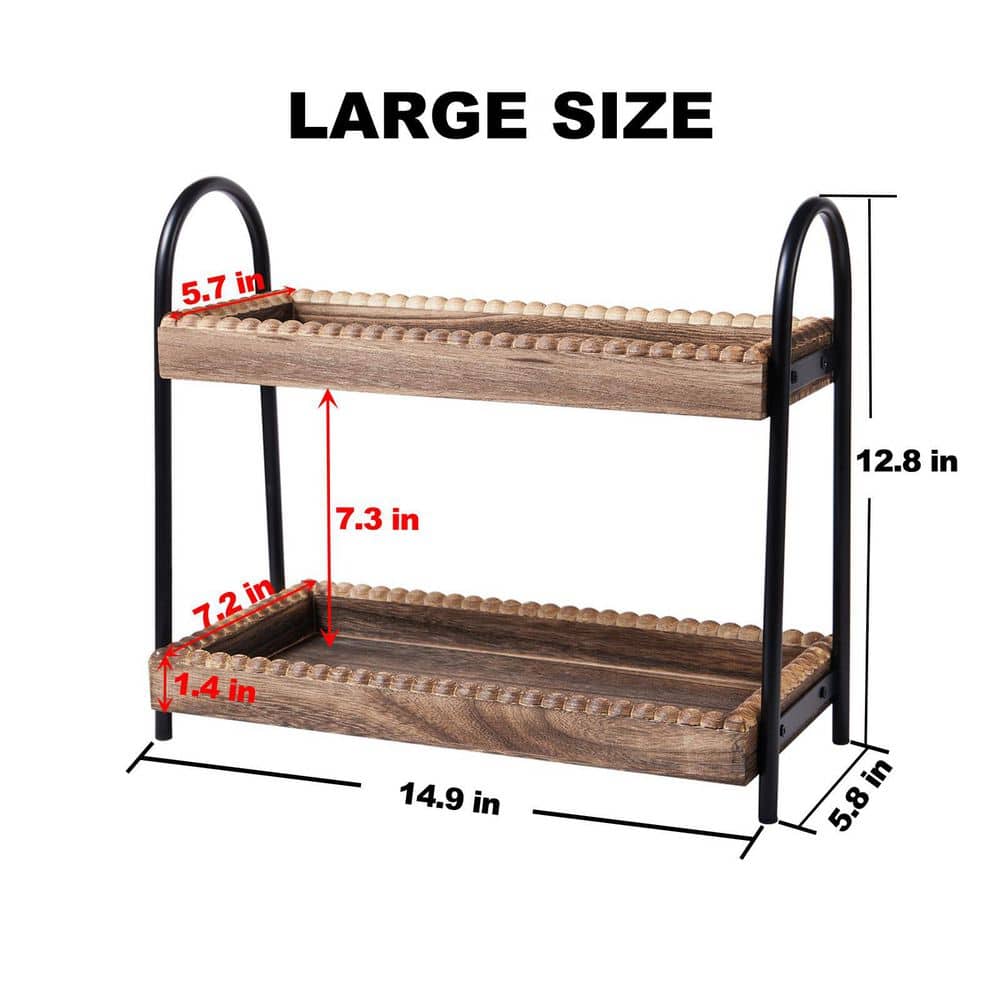 Wudkey Black 2-Tier Vanity Organizer and Storage for Cosmetic Skincare Perfume, Wood Bead Storage Shelf for Bathroom Kitchen (2)
