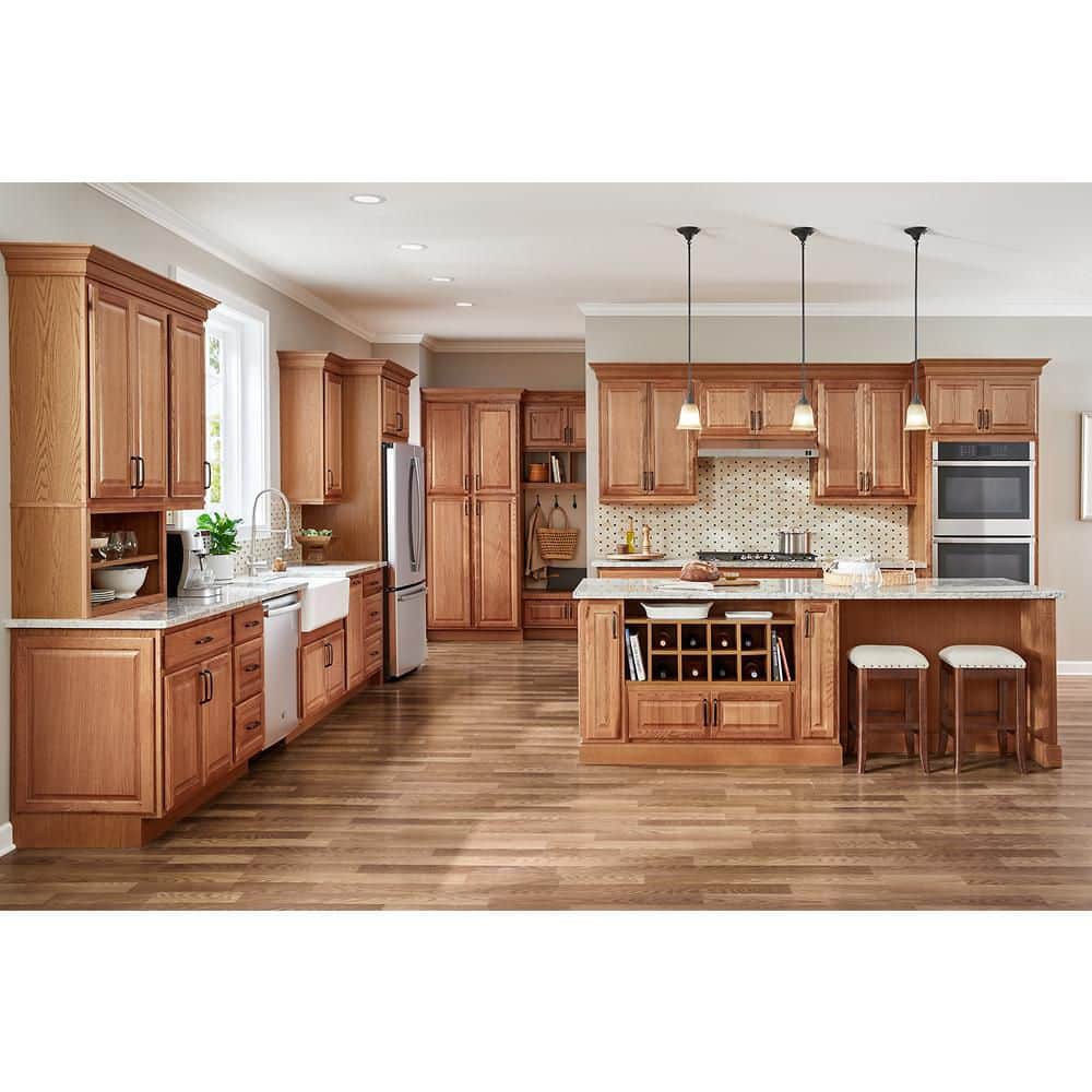 Hampton Bay Hampton 18 in. W x 24 in. D x 34.5 in. H Assembled 3-Drawer Base Kitchen Cabinet in Medium Oak (3)