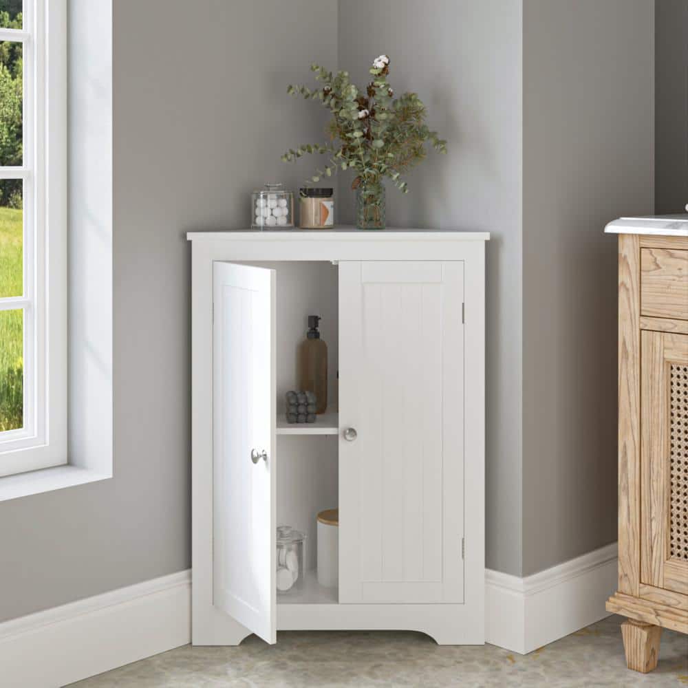 Tenleaf 23.62 in. W x 12.40 in. D x 31.89 in. H White MDF Freestanding Linen Cabinet Corner Cabinet with Adjustable Shelf (2)