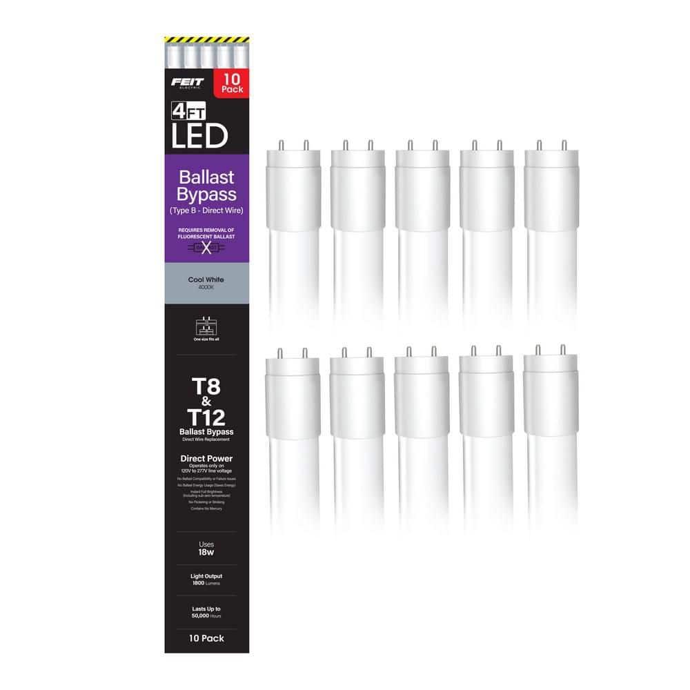 Feit Electric 18-Watt 4 ft. T8/T12 G13 Type B Ballast Bypass Linear LED Tube Light Bulb, Cool White 4000K (10-Pack) (2)