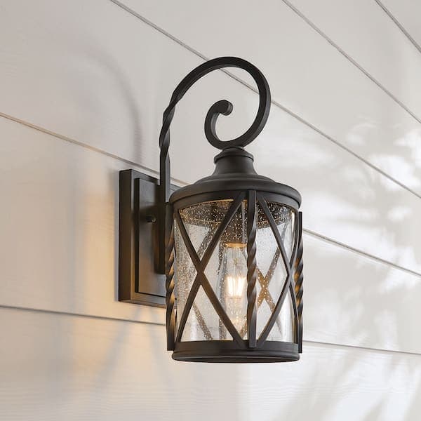 Hampton Bay Walcott Manor 18.75 in. Black Outdoor Hardwired Wall Lantern Sconce with Clear Seeded Glass