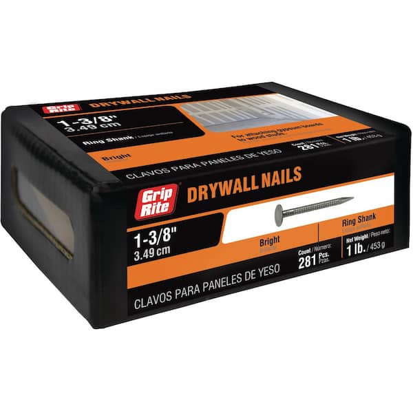 Grip-Rite 1-3/8 in. x 12-1/2-Gauge Bright Steel Ring Shank Drywall Nails 1 lb. Box (2)