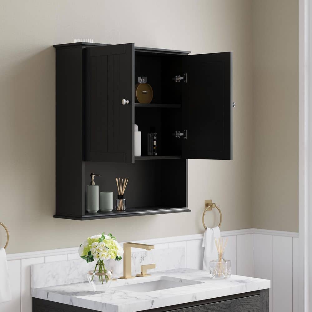 ANGELES HOME 26 in. W x 8 in. D x 29.5 in. H Bathroom Storage Wall Cabinet in Black with Adjustable Shelf and Soft-Closing Hinges (2)