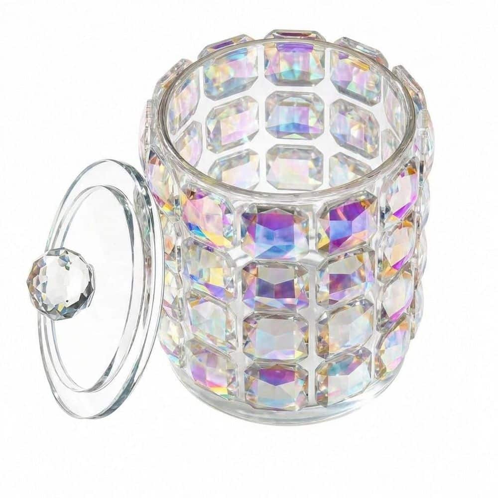 KHKFY 17 oz. Crystal Glass Apothecary Jar with Lid for Q-Tips Cotton Balls Floss Picks Iridescent Vanity Holder