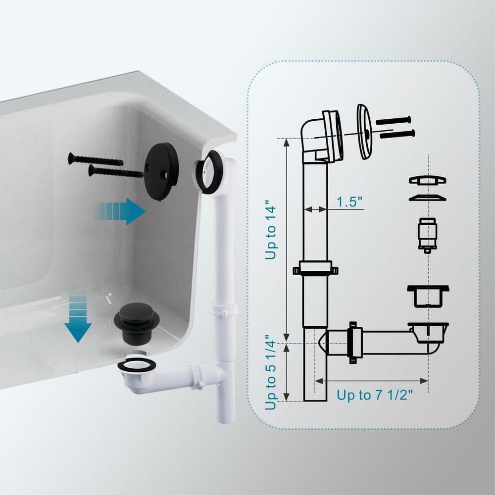 Helhom 1-Pack Touch-Toe 1-1/2 in. Plastic Tubular Bath Drain Kit with Face Plate and Overflow Matte Black (3)