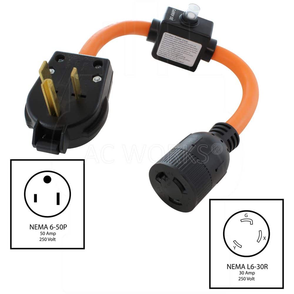 AC WORKS NEMA 6-50P Welder Plug to L6-30R 3-Prong Connector W/ 30A Inline Breaker 1.5 ft. 10/3 STW Indoor/Outdoor Cord in Orange (2)
