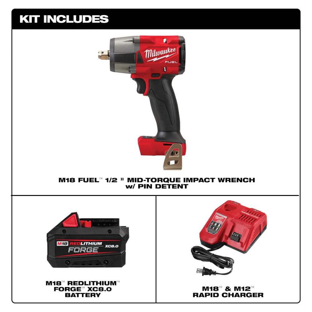 Milwaukee M18 FUEL GEN-2 18V Lith-Ion Brushless Cordless Mid Torque 1/2 in. Impact Wrench w/ FORGE 8. 0Ah Battery & Charger (2)