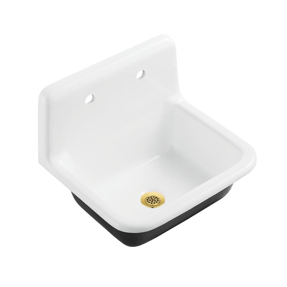 Kingston Brass Petra Galley Cast Iron 22 in. Wall Mount Laundry/Utility Sink White with Brushed Brass Drain (1)