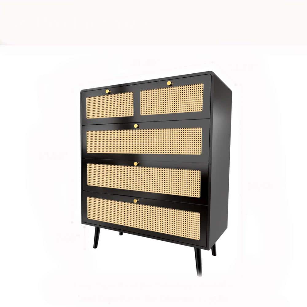 Lycvki 31.49 in. W x 15.74 in. D x 38.58 in. H Black Rattan Shoe Storage Cabinet Linen Cabinet with 4 Drawers and Metal Handles (1)