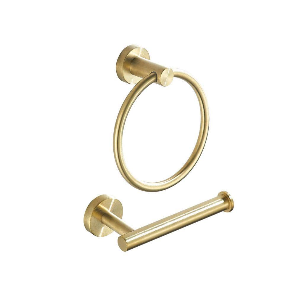Lynzavix 2-Piece Bathroom Hardware Sets with Toilet Paper Holder and Towel Ring in Brushed Gold Wall Mount Accessories (1)