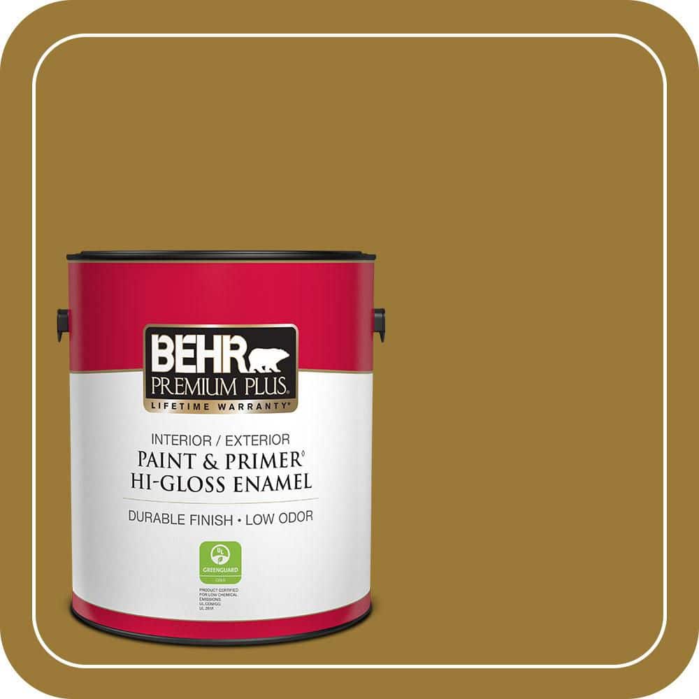 BEHR PREMIUM PLUS 1 Gal. #M300-7A Retro Gold Hi-Gloss Enamel Interior/Exterior Paint and Primer (1)