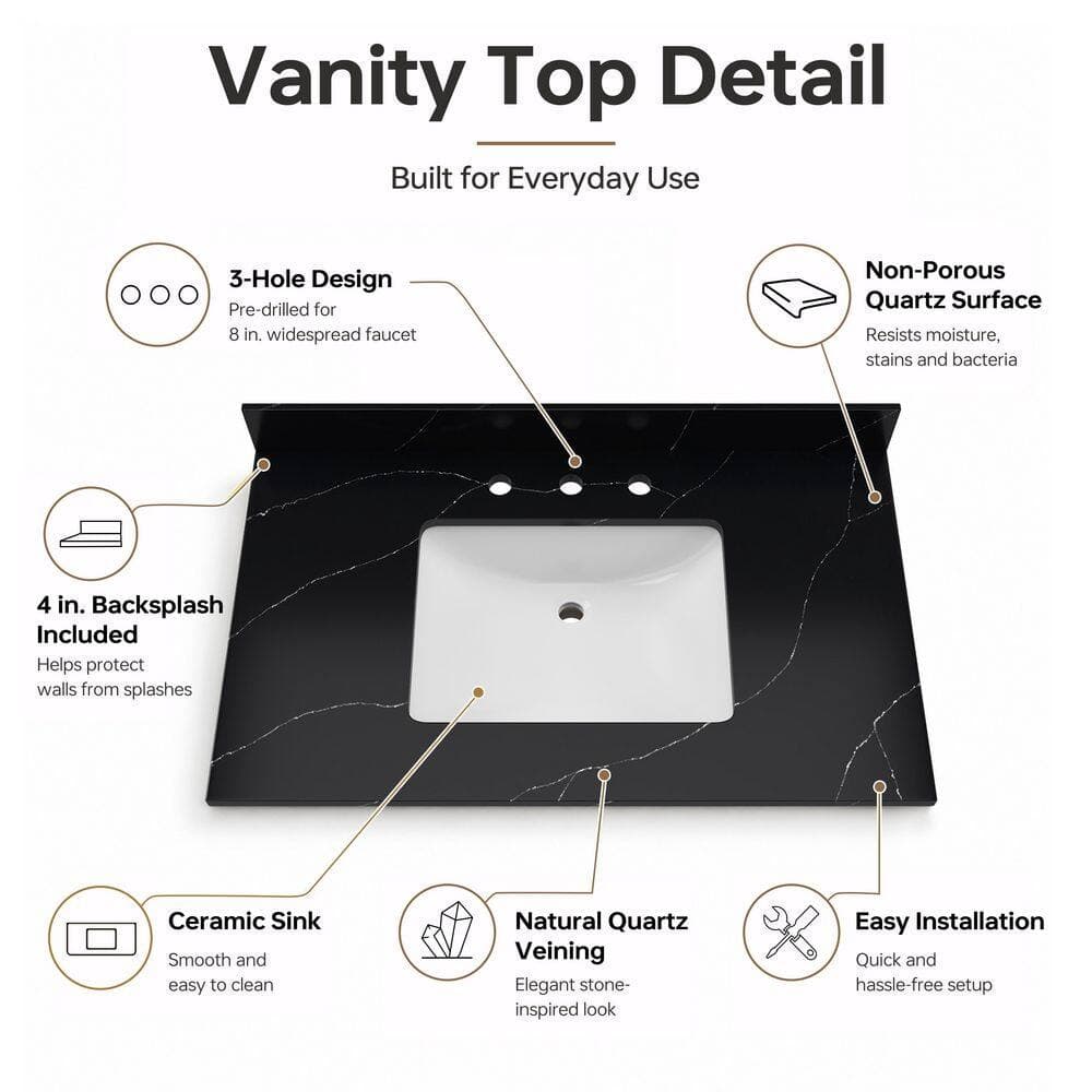 DELUXE DL LIVING 37 in. W x 22 in. D Quartz White Rectangular Single Sink Bathroom Vanity Top in Nero Margiela Black (3)
