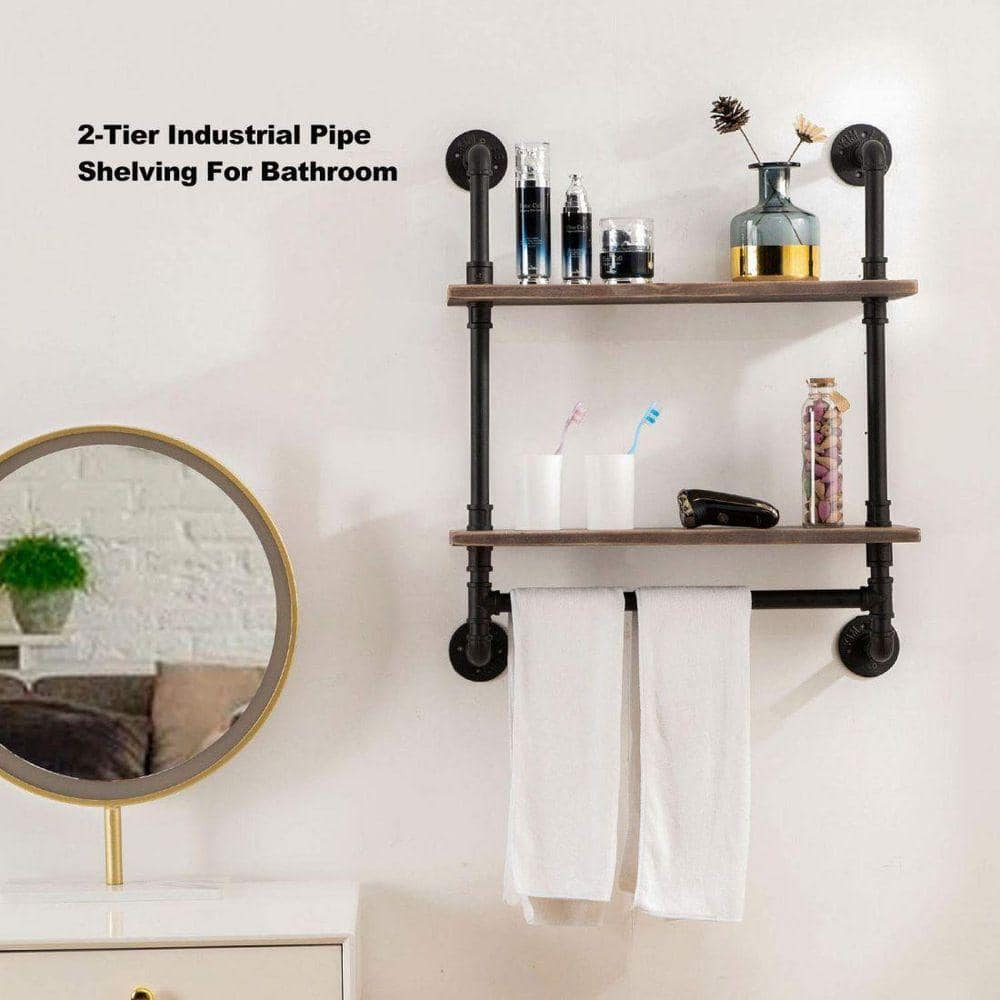 Dracelo 24 in. W x 9.85 in. D x 29 in. H Rustic Metal 2 Tier Bathroom Wall Mounted Floating Shelves with Hook (3)