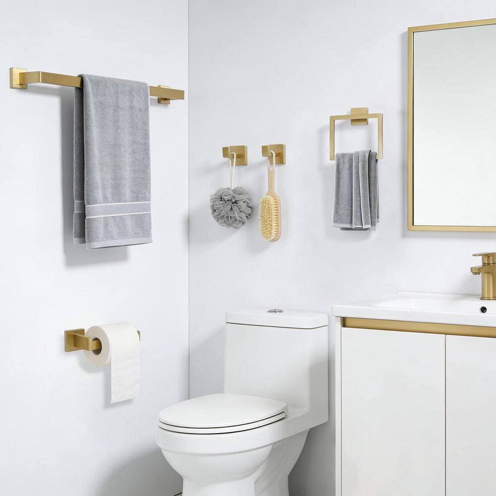 LAIFUCAM 5-Piece Bathroom Hardware Set with Towel Bar, Towel Ring, Hooks, Paper Holder in Brushed Gold Finish (2)