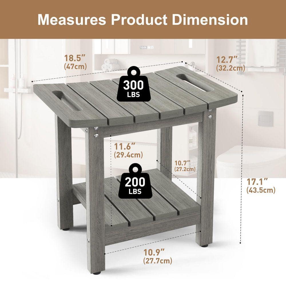 Lynzavix 24 in. W Freestanding HIPS Shower Seat with Storage Shelf Waterproof Light Gray Stool for Bathroom Spa (2)