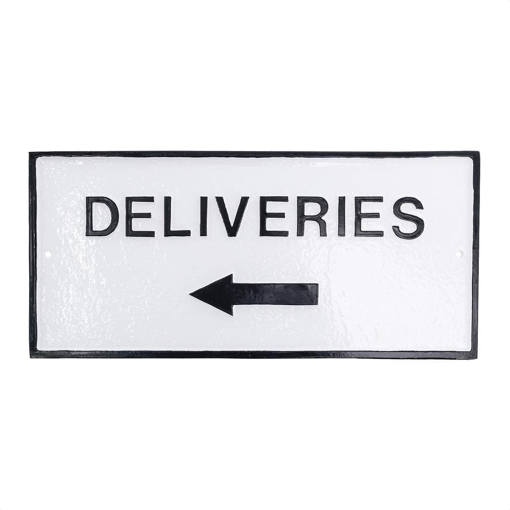 Montague Metal Products 7.25" x 15.25" Deliveries with Left Arrow Standard Rectangle Wall Statement Plaque - White/Black (1)