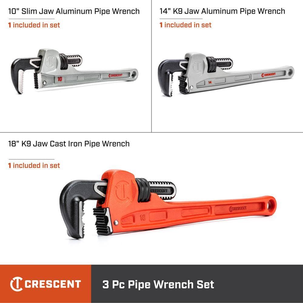 Crescent 10 in., 14 in., and 18 in. Aluminum and Cast Iron Slim/K9 Jaw Pipe Wrench Set (3-Piece) (2)