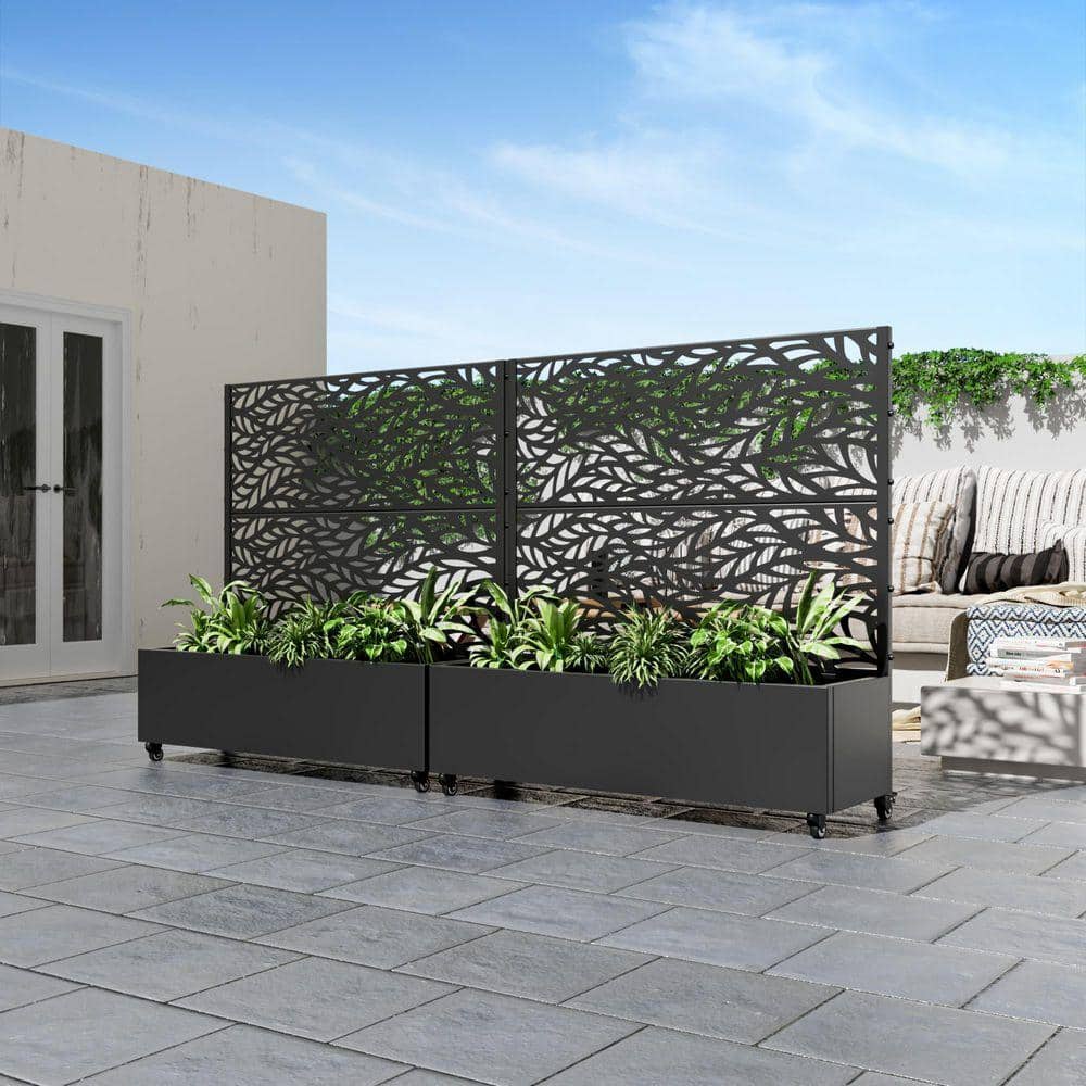 Lirago 47 in. H x 47 in. W Rectanglar Black Outdoor Metal Privacy Screen Planter Box Wall Decor in Leaf Pattern (3)