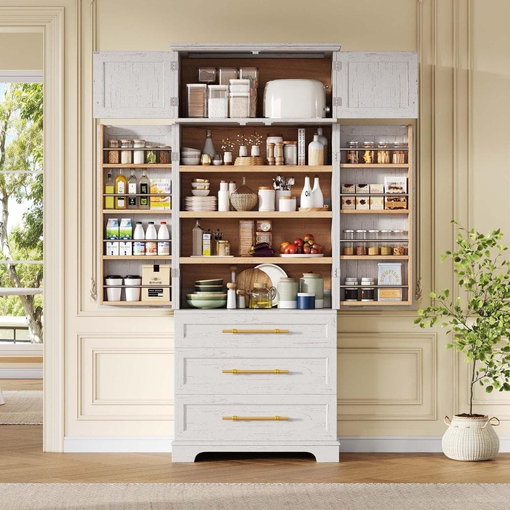 XUJMK 32 in W x 16 in D x 78 in H Linen Cabinet, Kitchen Pantry Cabinet in Retro White with 3 Drawers, 3 Adjustable Shelves (3)