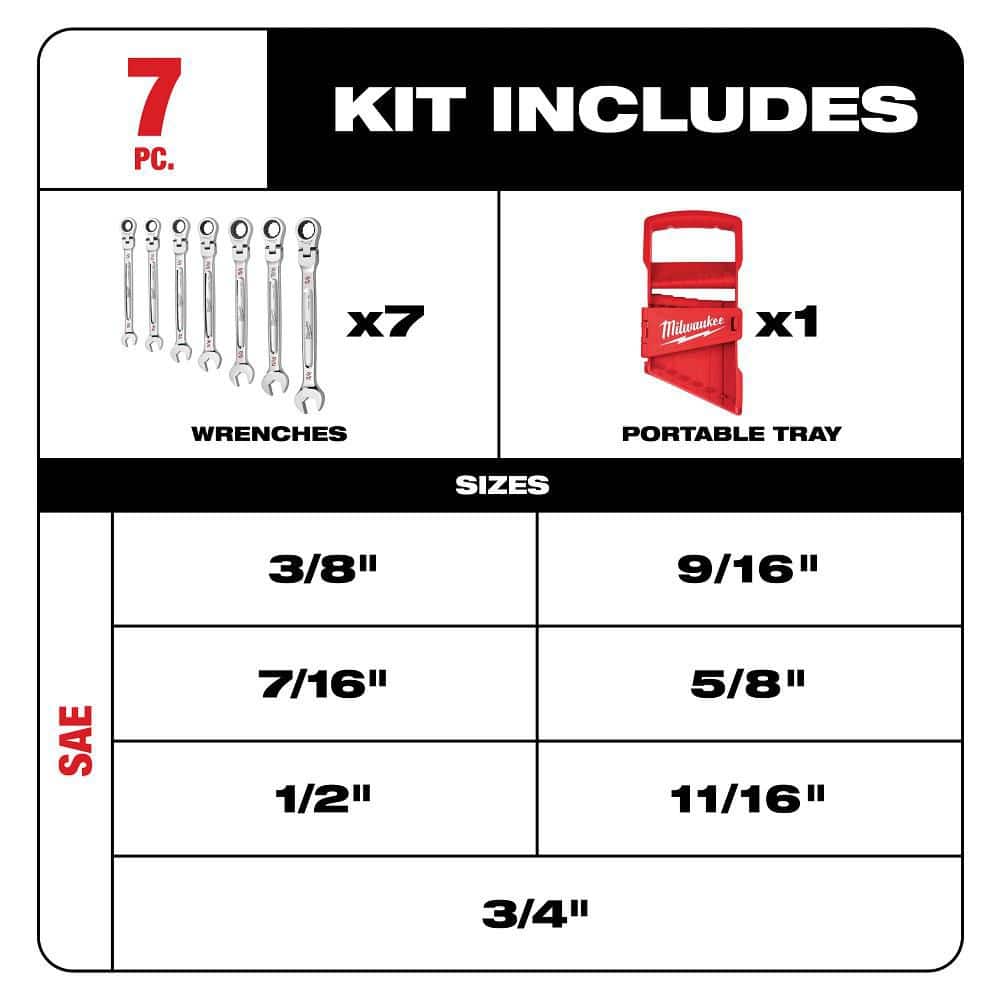 Milwaukee 144-Position Flex-Head Ratcheting Combination Wrench Set SAE (7-Piece) (2)