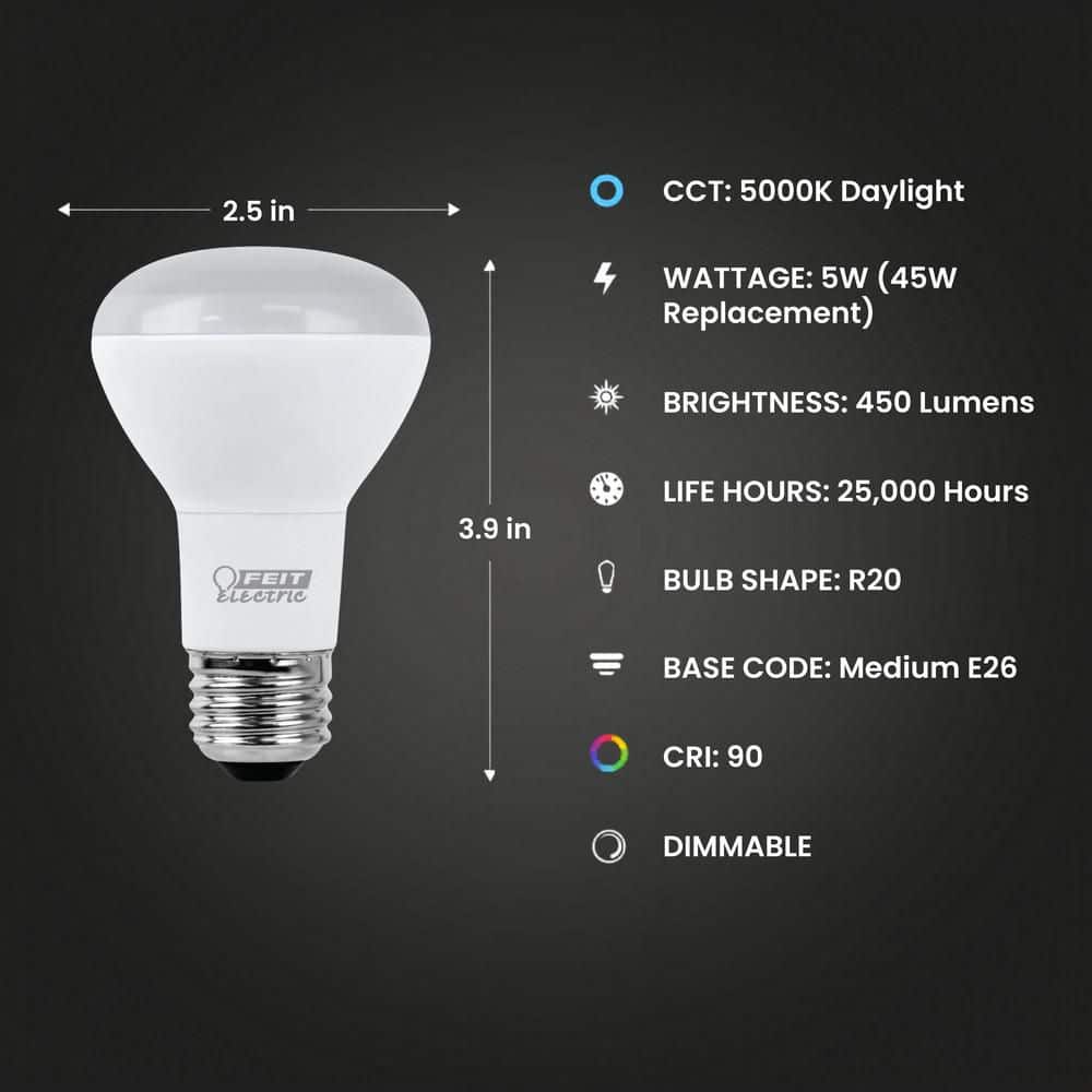 Feit Electric 45-Watt Equivalent R20 Dimmable CEC 90+ CRI Track CEC Title 20 E26 Medium Flood LED Light Bulb, Daylight 5000K (3-Pack) (3)