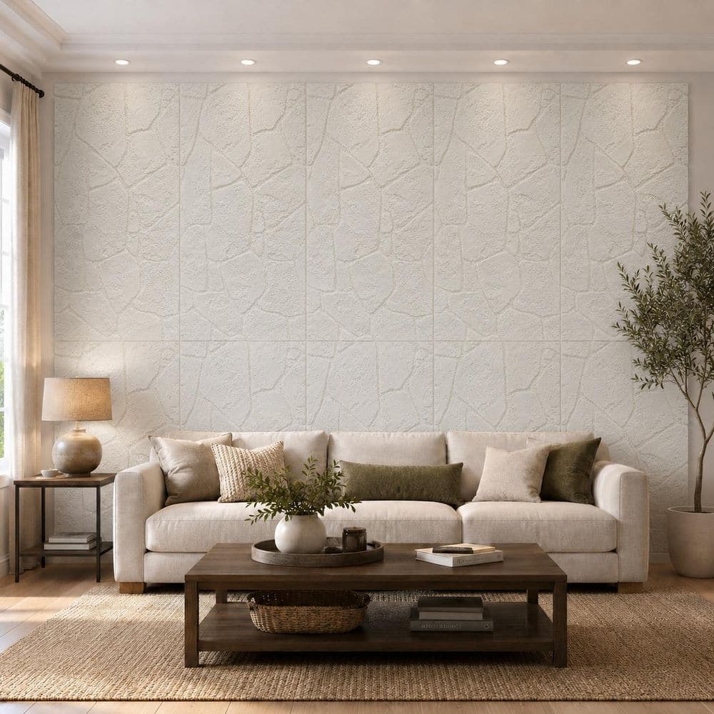 XRAMFY Modern 0.8 in. x 2 ft. x 3.9 ft. White Stone Texture Finish Square Edge PU Decorative Wall Paneling (4-Pack)
