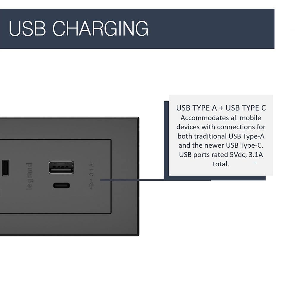 Legrand radiant 15 Amp Black 2-Outlet and 2 Type A/C USB Recessed Furniture Power Strip with 10 Ft. Cord (2)
