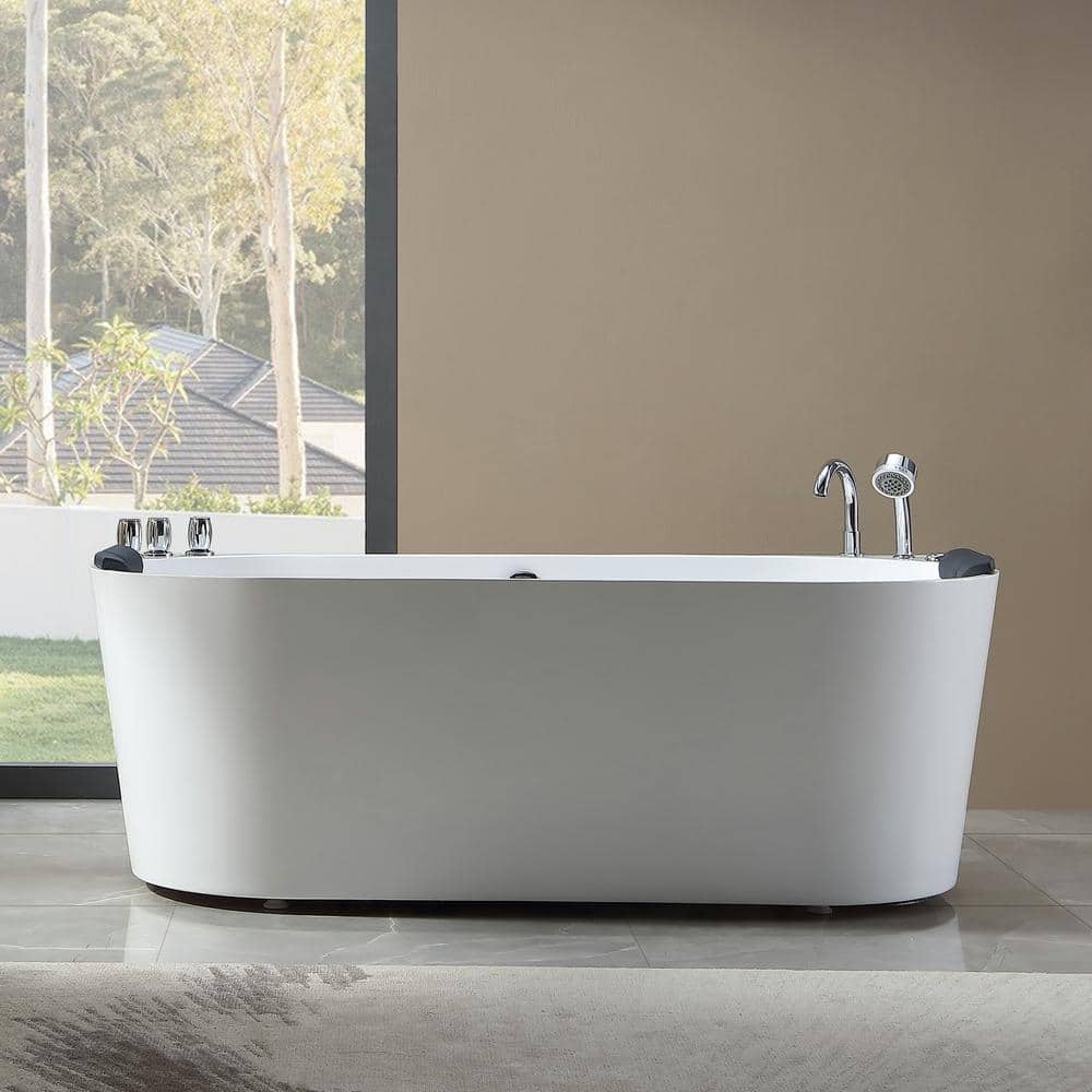 Empava Luxury 59 in. Center Drain Acrylic Freestanding Flatbottom Whirlpool Bathtub in White with Faucet (1)