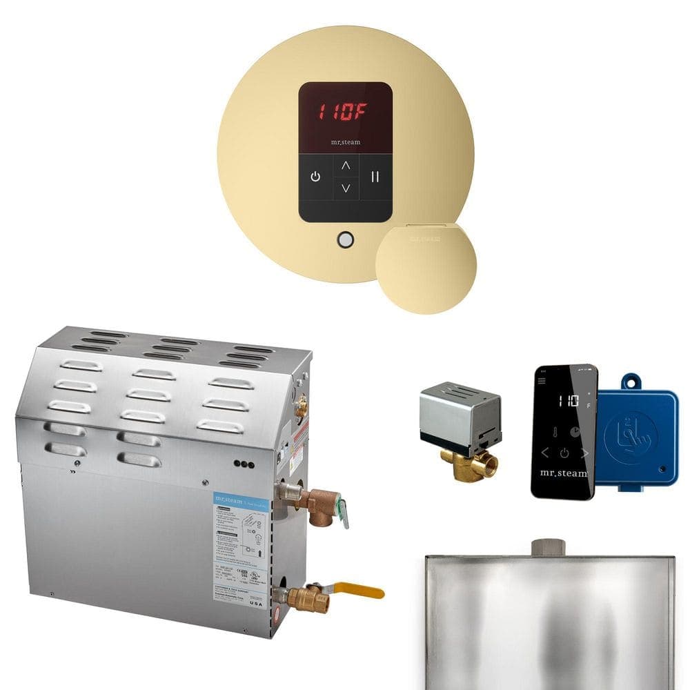 Mr. Steam MS 10 kW (10000 W) Steam Shower Generator Package with Round iTempo Control in Satin Brass and Accessories