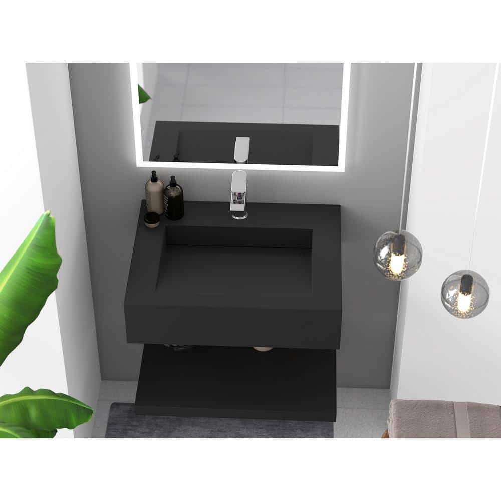 castellousa Pyramid 24 in. Wall Mount Solid Surface Single Basin Rectangular Bathroom Non Vessel Sink in Matte Black (2)