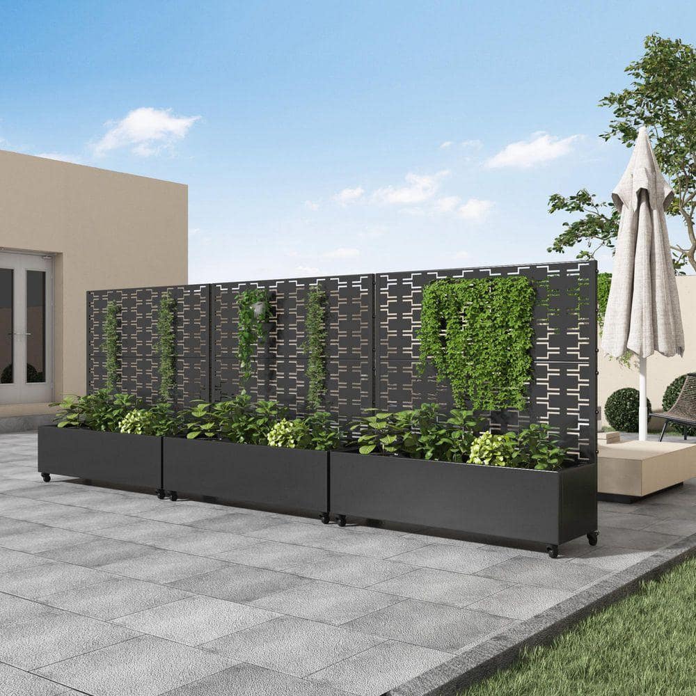 Lirago 47 in. x 47 in. Black Outdoor Metal Privacy Screen Raised Planter Box Wall Decor (2)