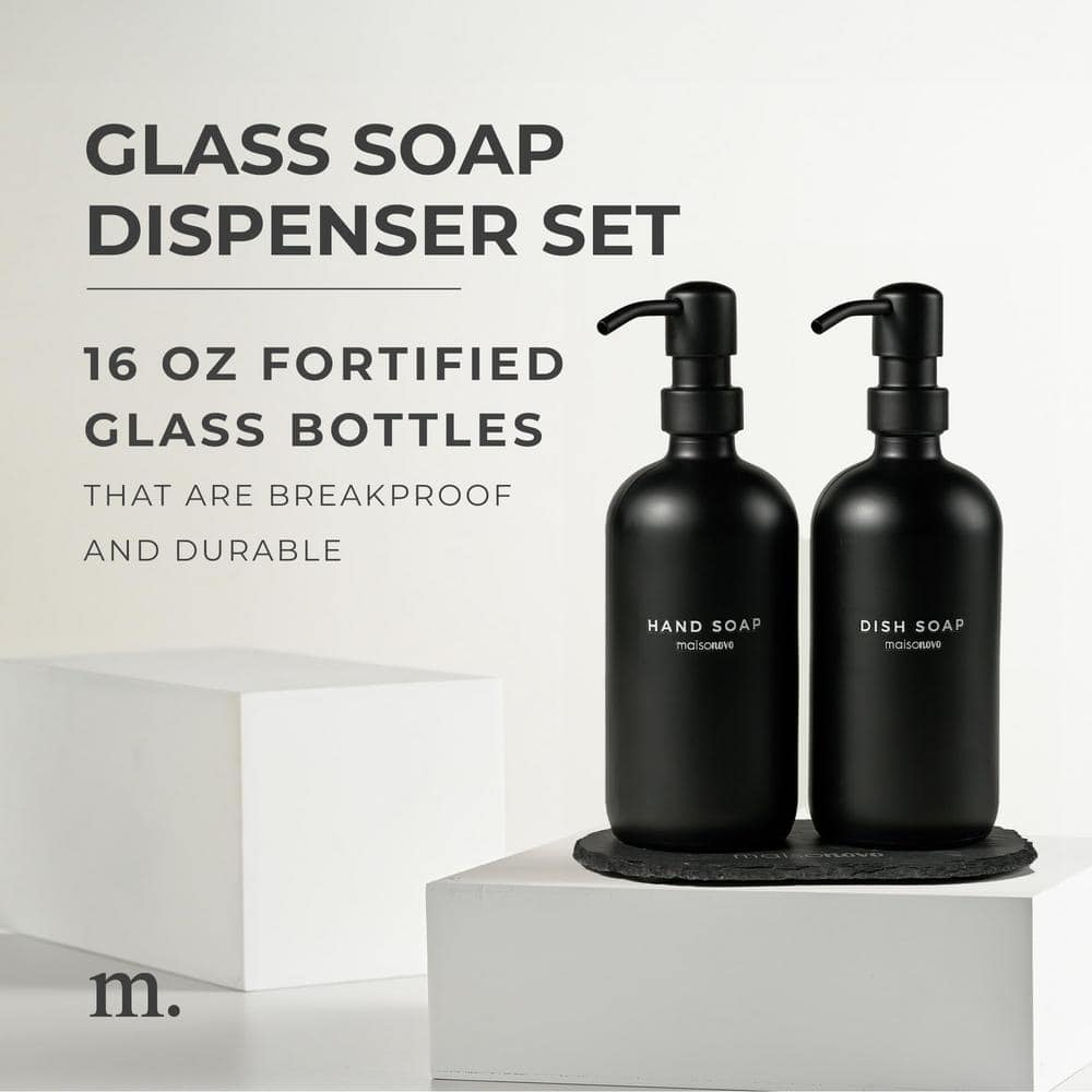 Adrinfly 2-Pieces, Glass Hand Soap and Lotion Dispenser with Hand Made Concrete Tray in Black Bottles and Black Pumps (2)