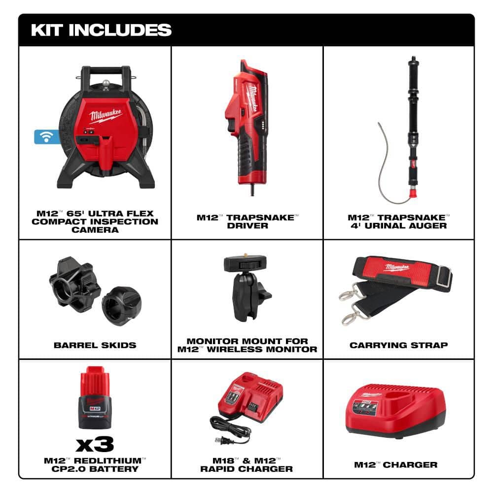 Milwaukee M12 65FT Ultra Flex Sewer Camera Kit with M12 Trap Snake 12V Lithium-Ion Cordless (3)