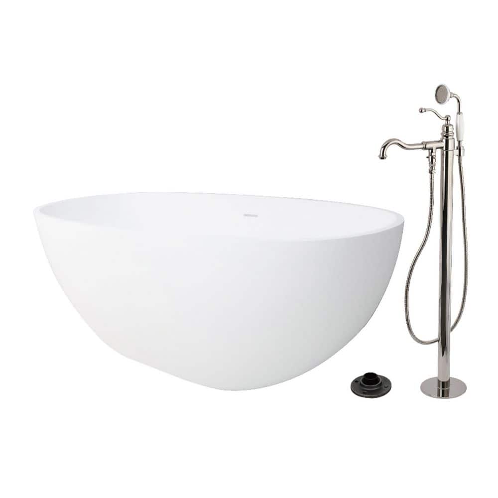 Kingston Brass Arcticstone 64.9 in. x 31.9 in. Surface White Stone Flatbottom Soaking Freestanding Bathtub in White/Polished Nickel (1)