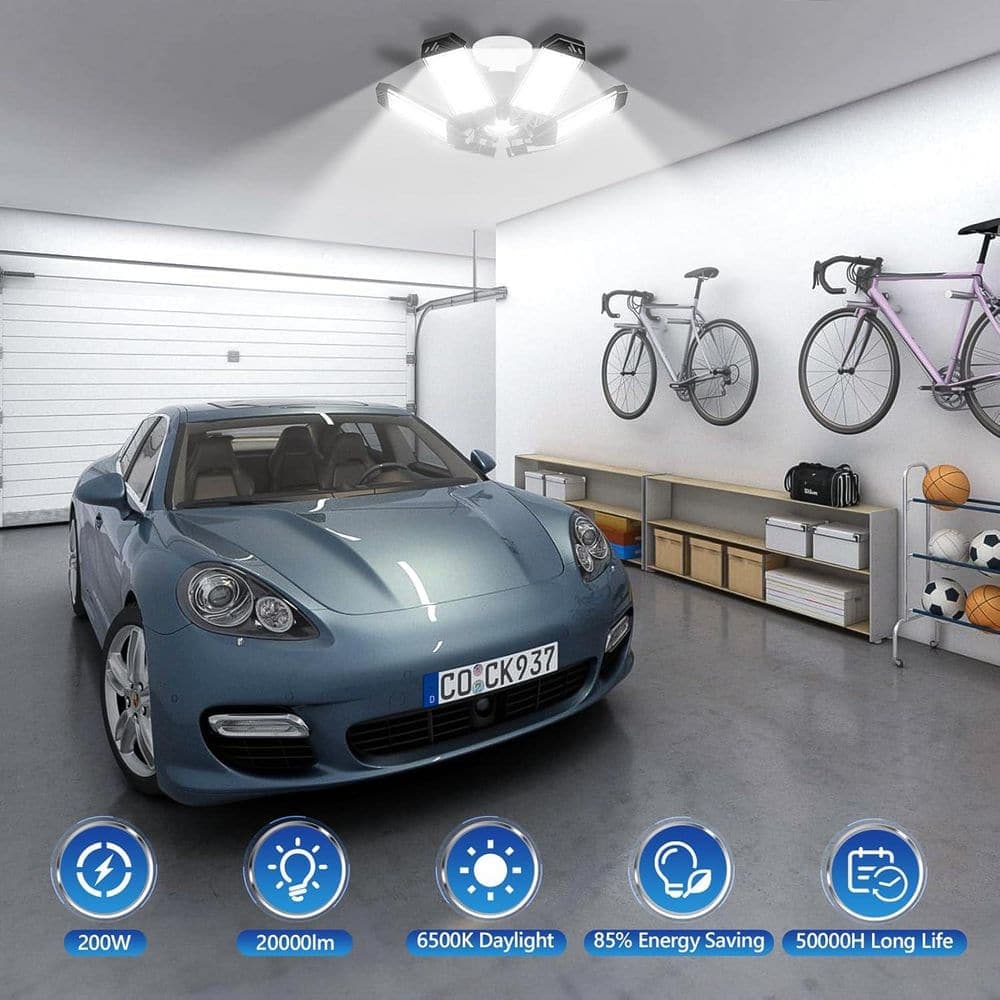Lukyamzn 200W 20000LM LED Garage Lights 6 plus 1 Adjustable Panels 6500K Screw in E26/E27 Ceiling Lights for Workshop Barn 2-Pack (2)