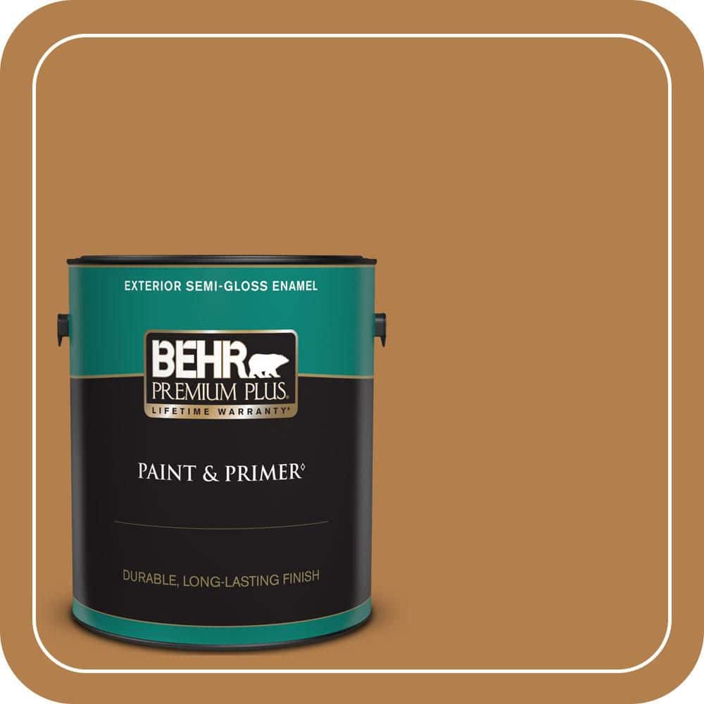 BEHR PREMIUM PLUS 1 gal. #PMD-106 Caramel Sauce Semi-Gloss Enamel Exterior Paint & Primer